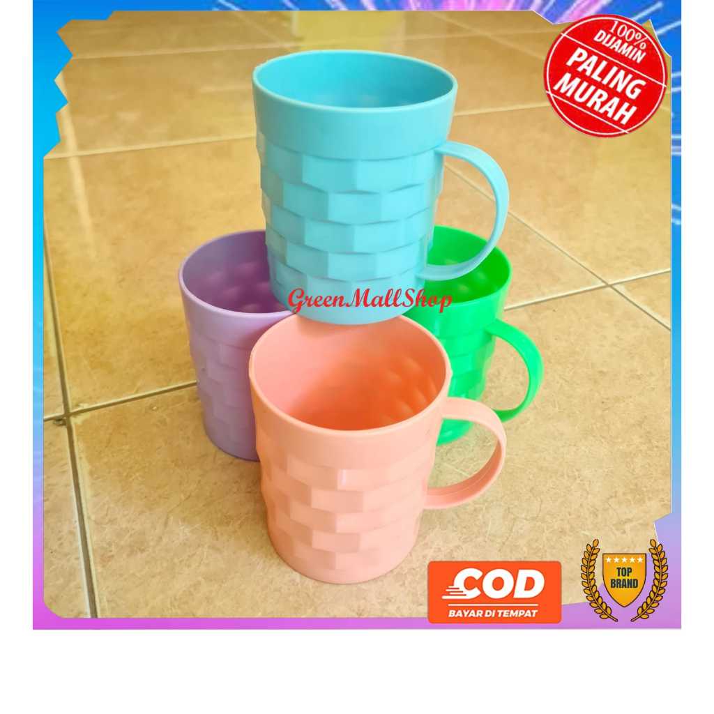 6 Pcs Gelas Minum Cangkir Mug Mok Plastik Murah Motif Rotan Tikar Warna Gagang Cangkir Teh Kopi