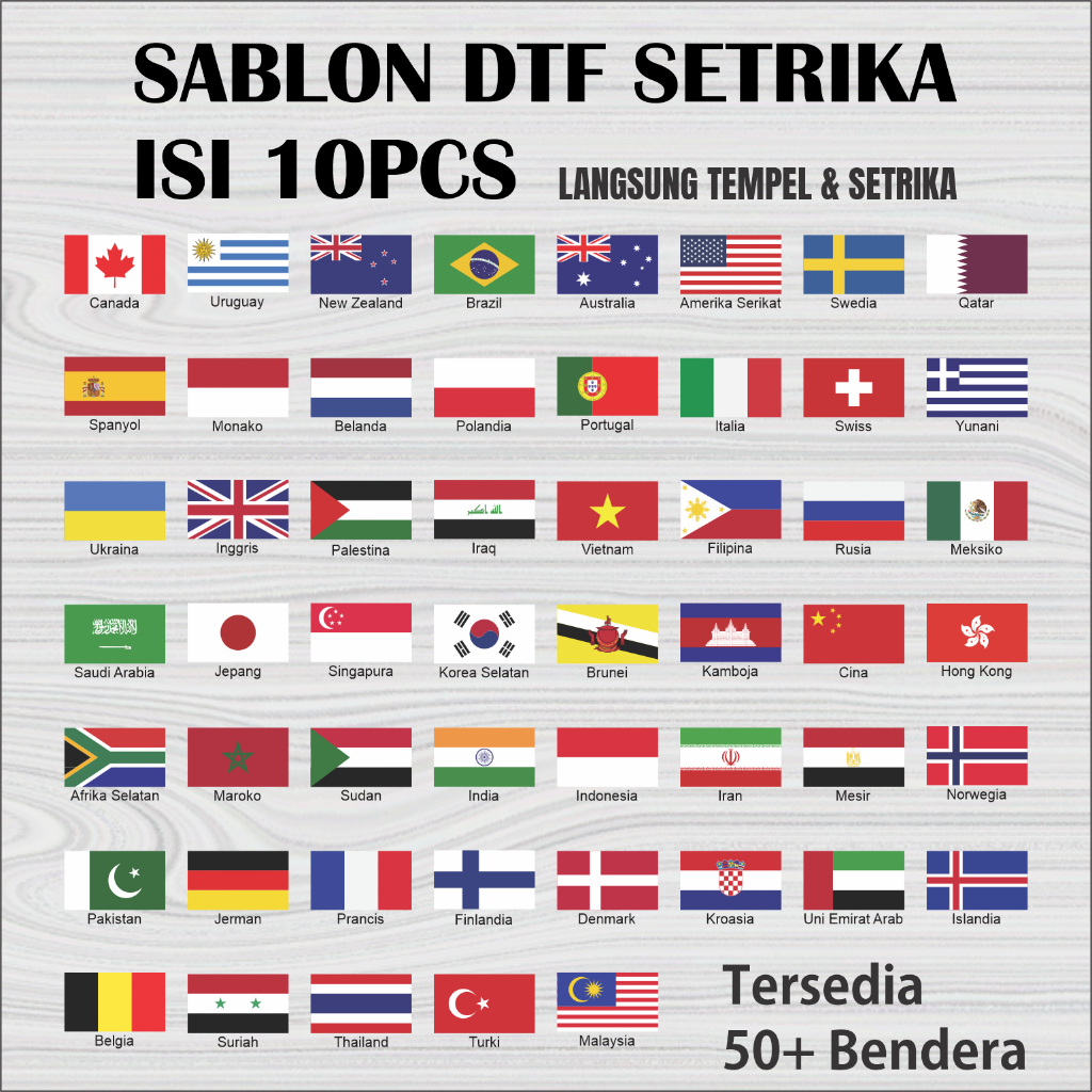 

Sablon Setrika DTF Isi 10pcs Bendera Negara Dunia / Stiker Bendera Lengkap