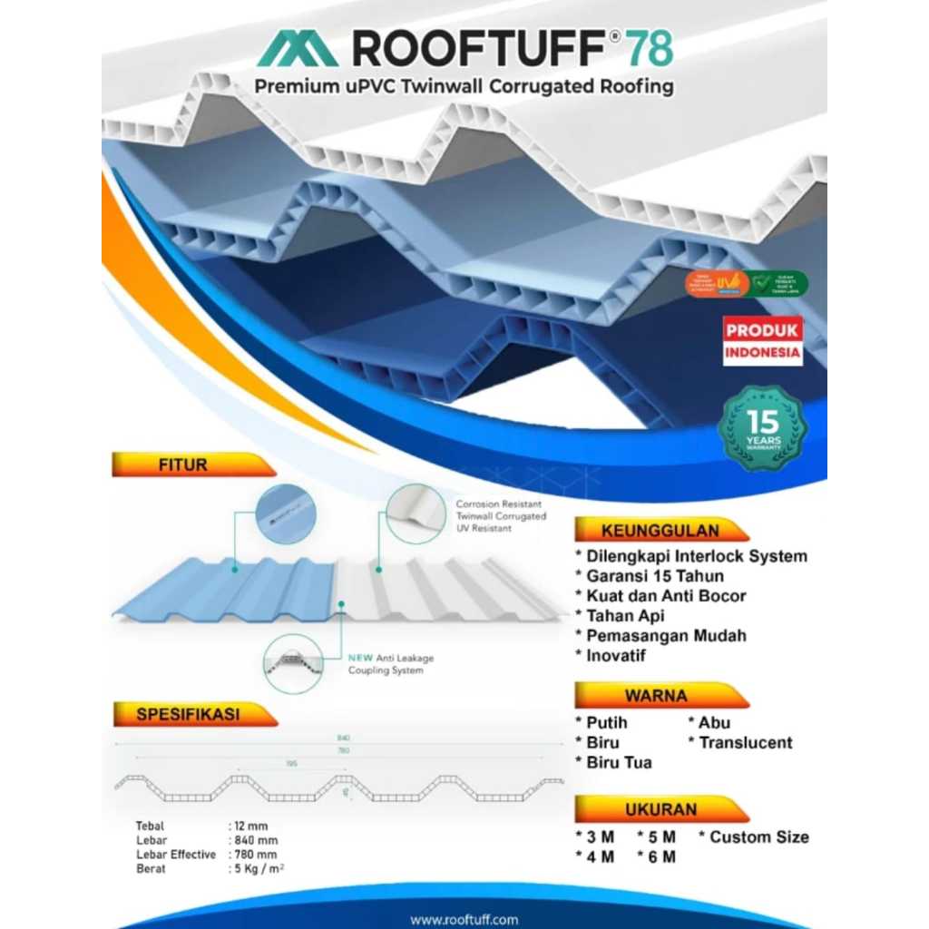 Atap Upvc Double Layer Rooftuff 12mm 78cm