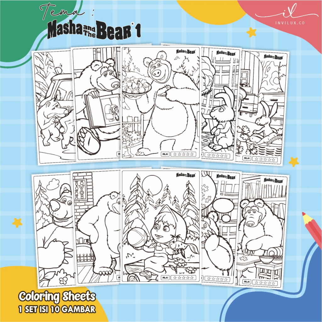 

[A4 - MASHA AND THE BEAR 1] KERTAS GAMBAR UNTUK ANAK - LEMBAR MEWARNAI ANAK 1 SET ISI 10 LEMBAR