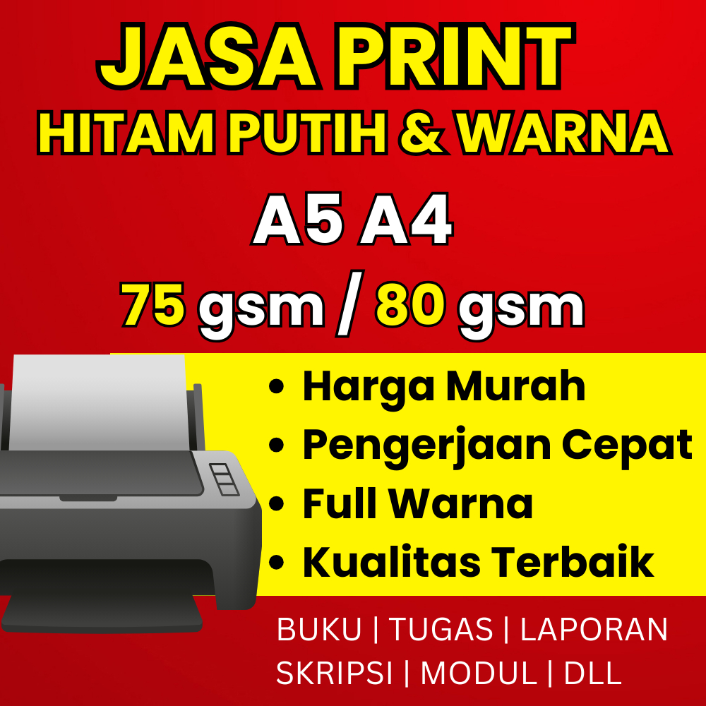 

Print Warna A4 75gr Hitam Putih & Warna Murah, Buku, Brosur, Makalah, Skripsi, Modul, Worksheet,dll