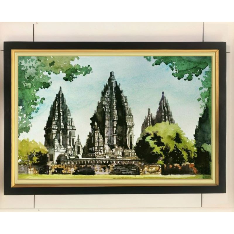 hiasan dinding lukisan cetak candi Prambanan plus bingkai ukuran 65×45