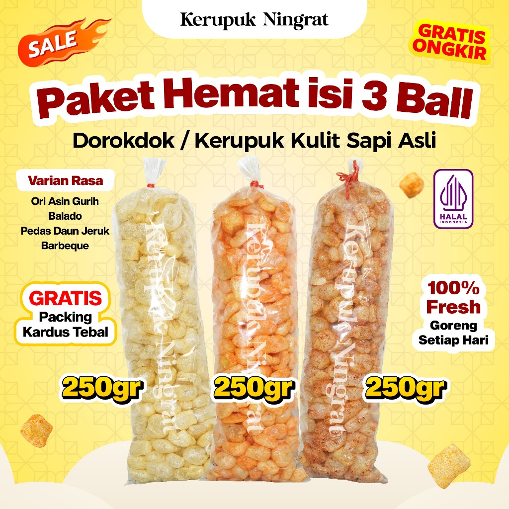 

3 BALL Kerupuk Kulit Sapi Asli 250gr Dorokdok Renyah Gurih Tanpa Pengawet Snack Cemilan Asin Halal