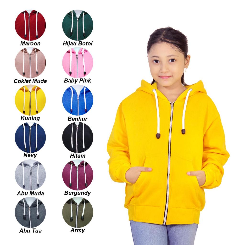 Jaket Hoodie Tebal Sweater Anak Perempuan 10 - 12 Tahun Warna Hitam Abu Abu Biru Hijau Polos