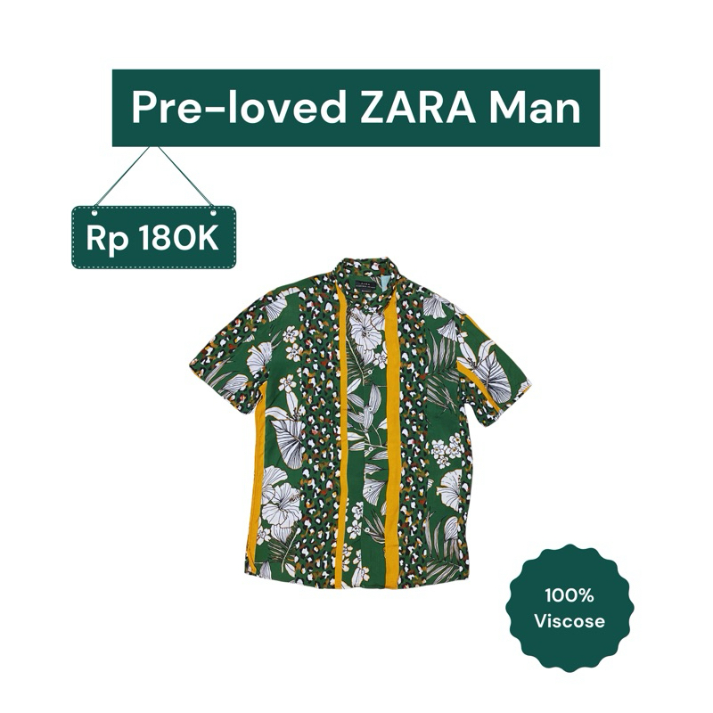 Pre-loved Kemeja Pria lengan pendek ZARA Man (Asli beli di toko). Warna Hijau motif bunga, ukuran S.