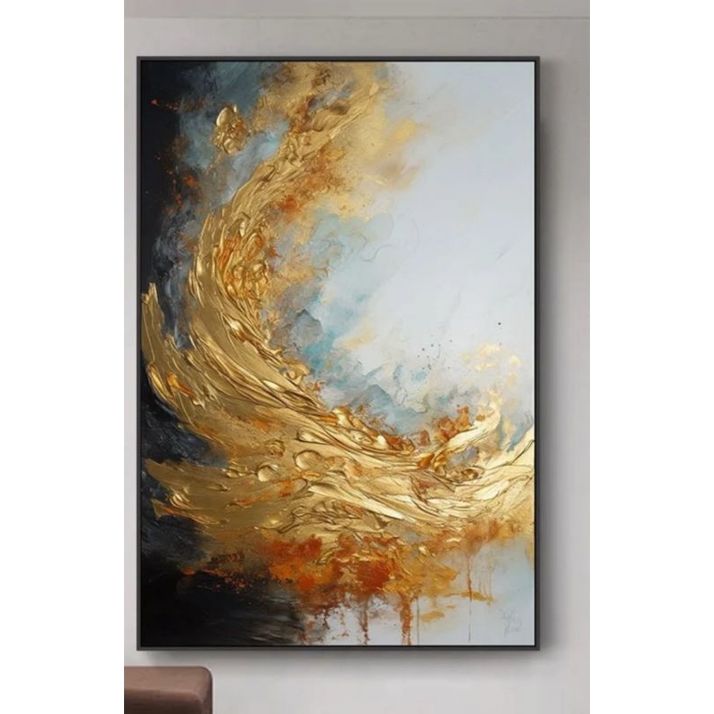 Lukisan Abstrak Emas Teksture Modern Dinding Tebal Ruangan Kamar Tamu Kantor Hotel Rumah Mewah Elega