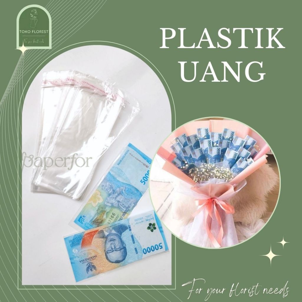 

GROSIR PLASTIK UANG untuk bucket - buket bunga uang 7cm x 15cm Per Pack