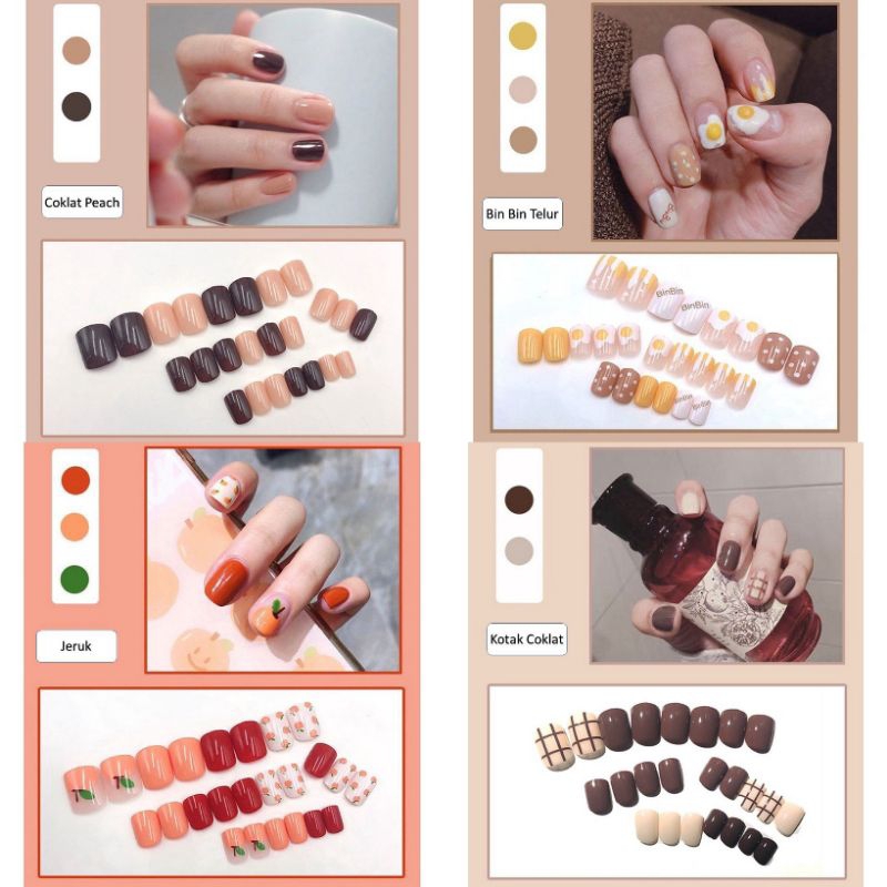 ( diolyn.id ) SET 24 PCS KUKU PALSU + LEM Motif Polos coklat peach jeruk motif telur  white and blac