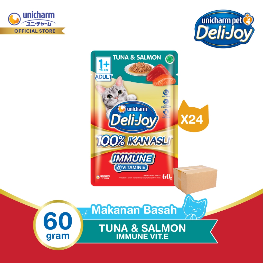 Deli-Joy Makanan Kucing Basah Pouch Adult Tuna & Salmon 60g - Immune (Vitamin E) - 24 Packs