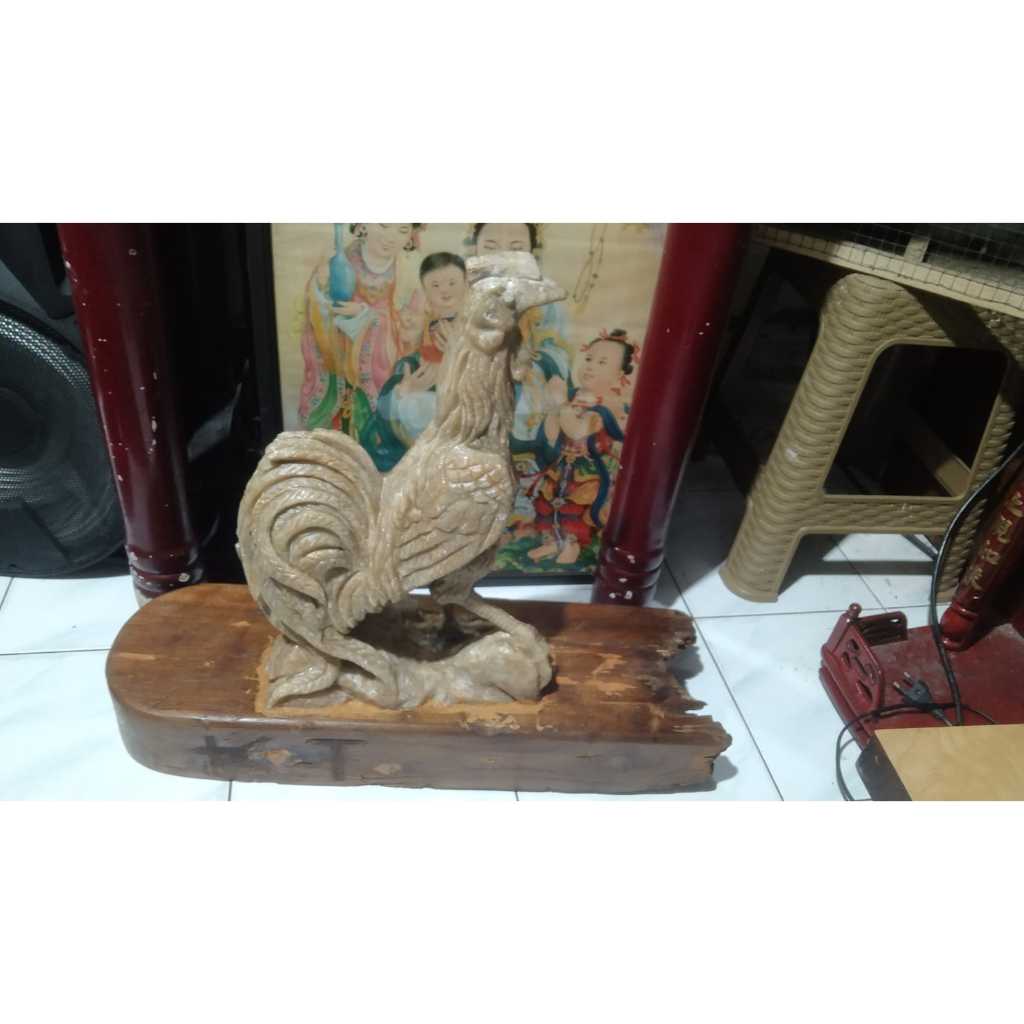 Patung Ayam Batu Onix Dudukan Kayu Jati Kuno Jadul Antik