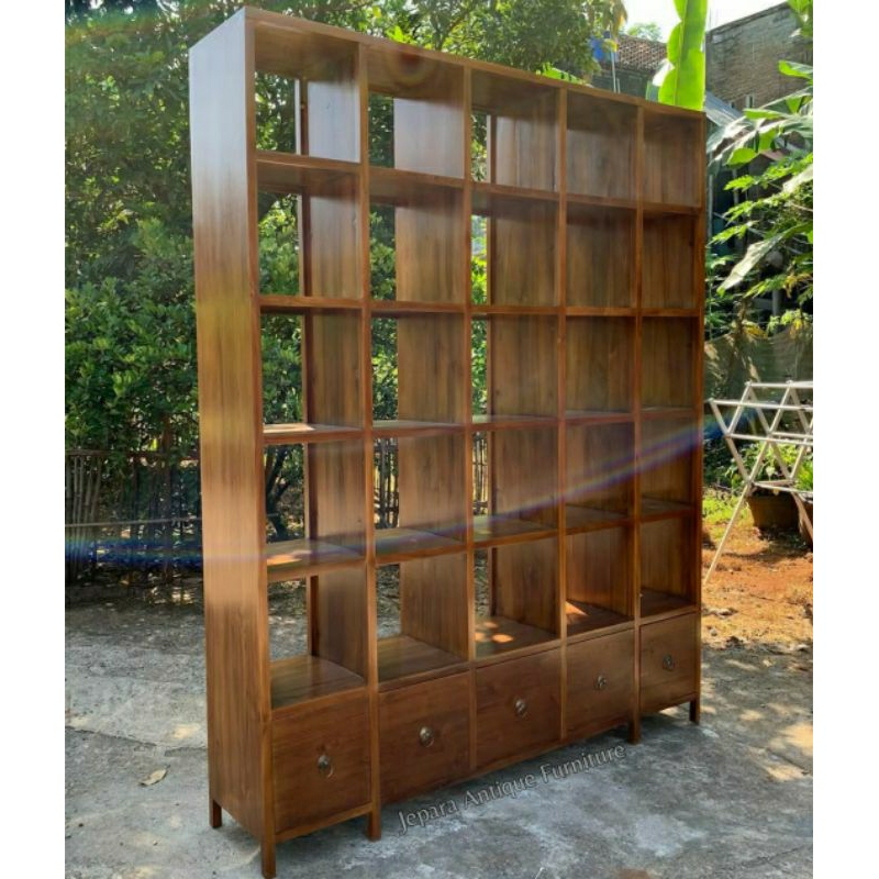 Furniture Jati Lemari Rak Buku Slot Model Lemari Buku Perpustakaan Bahan Kayu Jati