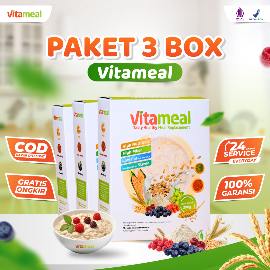

VITAMEAL Paket Murah 3 Box Sereal Alami Multigrain Penurun Gula Darah Tinggi Obat Diabetes Kolesterol Menurunkan Kadar Gula Camilan Sehat Rendah Kalori Tanpa Efek Samping Makanan Diet (Meal Replacement) / Vitameal Diabetes
