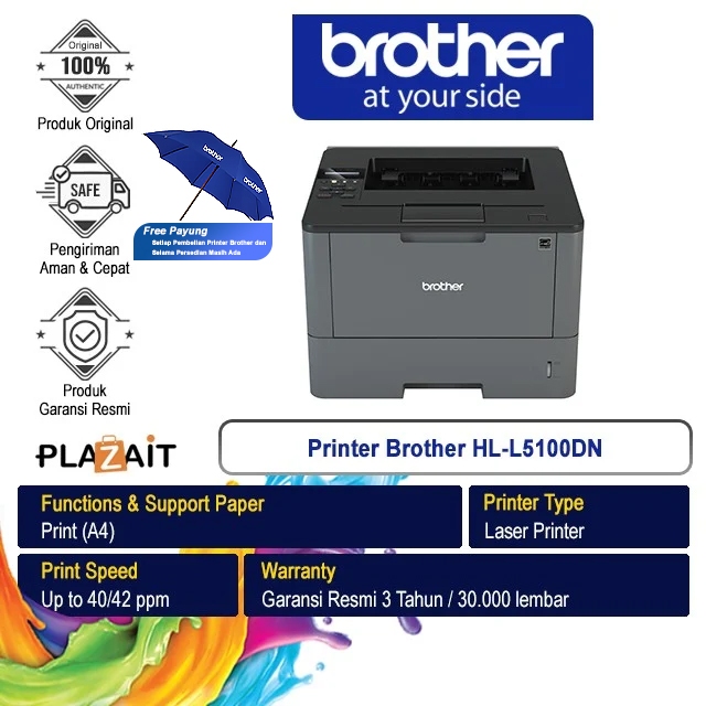 Brother HL-L5100DN Printer Laser Monokrom - Cetak Cepat 40 ppm, Kapasitas Input 250 Lembar, Dukungan Jaringan Ethernet dan USB 2.0