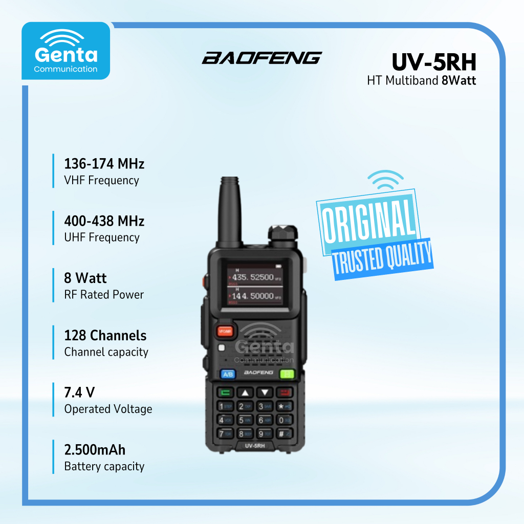 HT BAOFENG UV-5RH / BAOFENG UV 5RH / UV5RH HT DUALBAND VHF UHF / HT MULTIBAND 8WATT GARANSI BARU 100