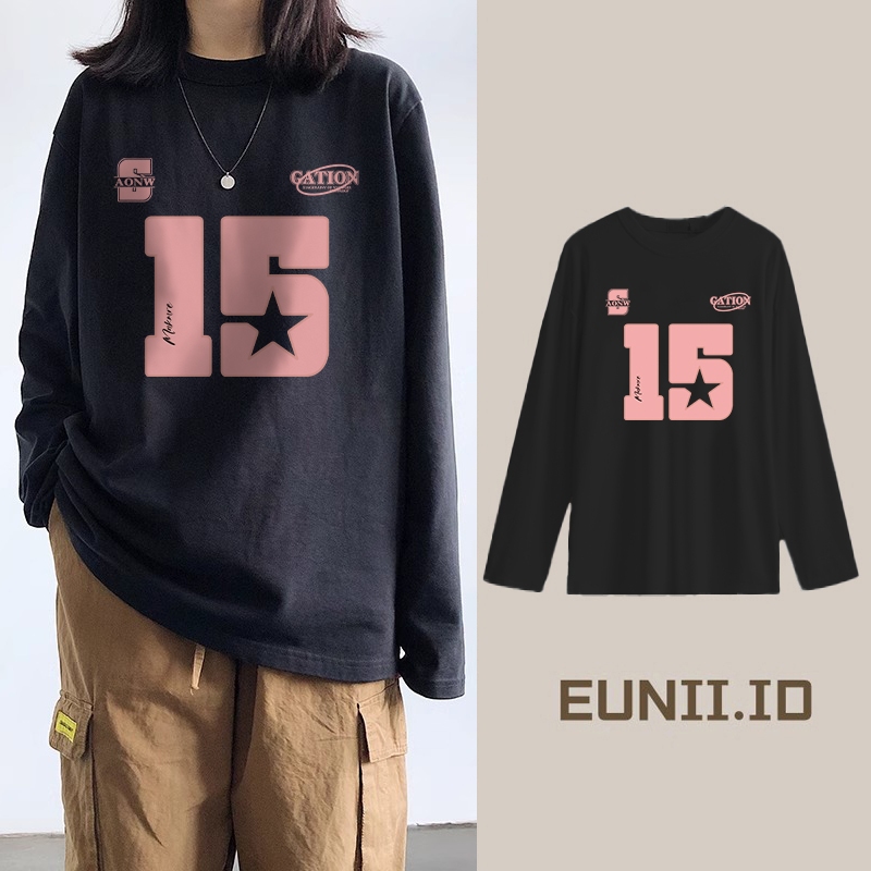 EUNII Kaos longgar lengan panjang wanita Korea dengan pola cetak angka 15/atasan wanita longgar leng