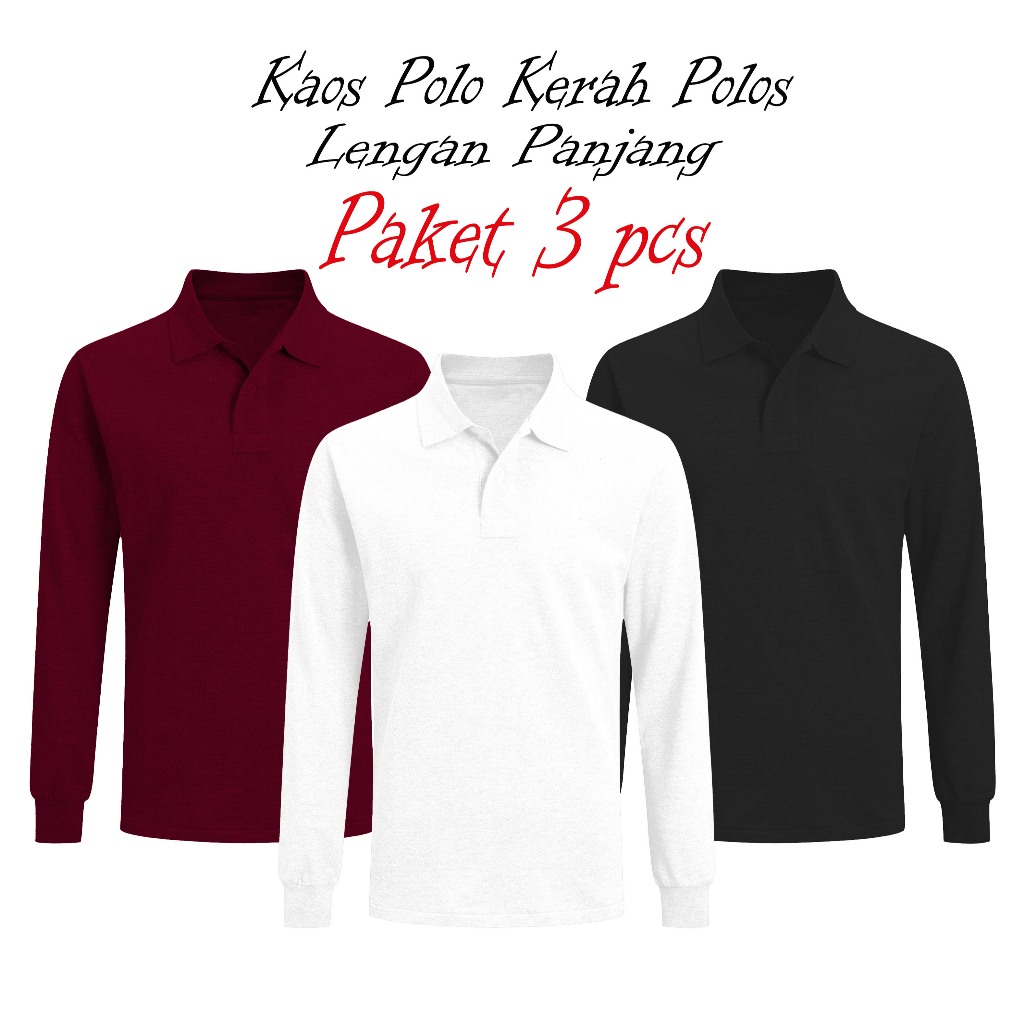Kaos Polo Paket 3 Pcs / Polo Shirt Kerah Polos Lengan Panjang