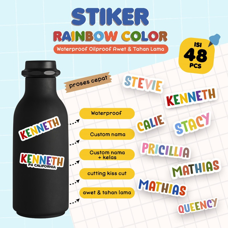 

PROSES CEPAT - Stiker Nama Font Rainbow Lucu Stiker Label Nama |Stiker nama Waterproof
