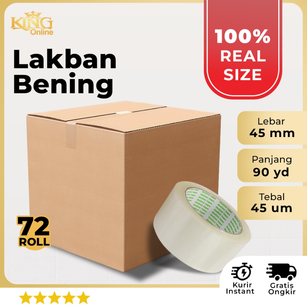 

1 DUS Lakban Bening 45 MM X 90 Yard PURE Ukuran Asli REAL ONLINE TAPE OPP 72 Roll Kuat tebal / Plakban clear
