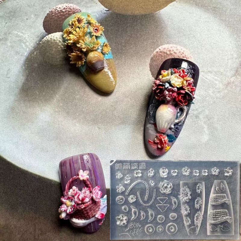 mold kuku cetakan kuku 5D bunga rangkai dan naga phoenix sea aksesoris kuku charm kuku dekorasi kuku