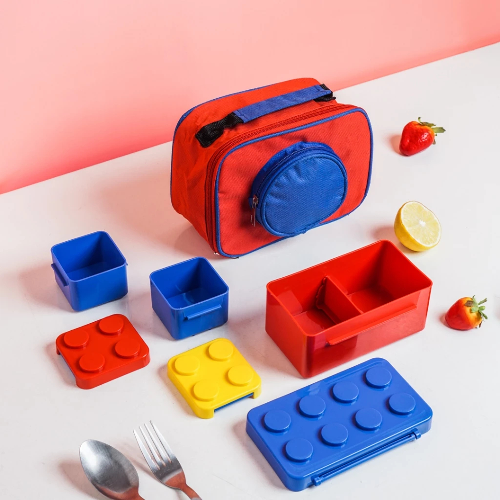 TechnoPlast Biru Merah Big Block Lunch Box Set Tempat Makan Set Big Block + Tas Aluminium Foil Techn