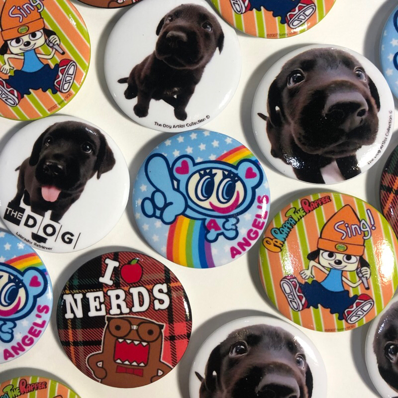 Japanese Trinket Pins made by ddoudoumo | Domo, Parappa the Rapper, The Dog, Angel Blue, Mezzo Piano