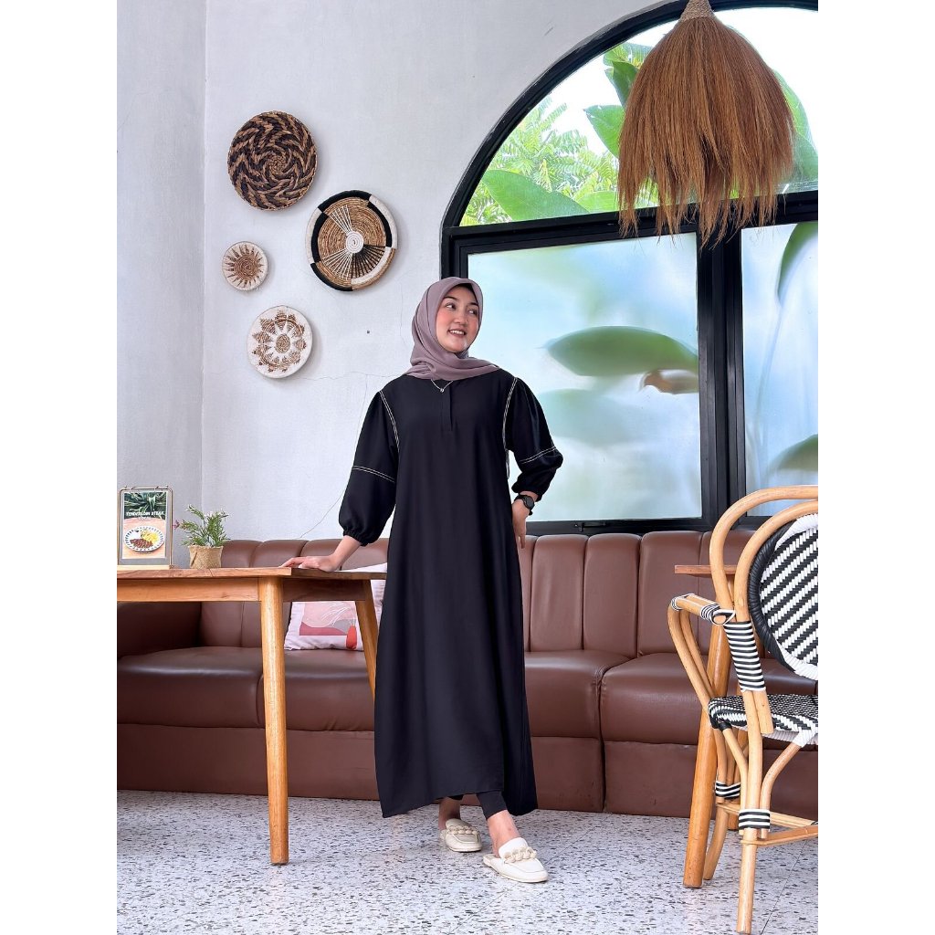 Gamis pendek variasi benang smock motif gamis simpel model terbaru lengan balon