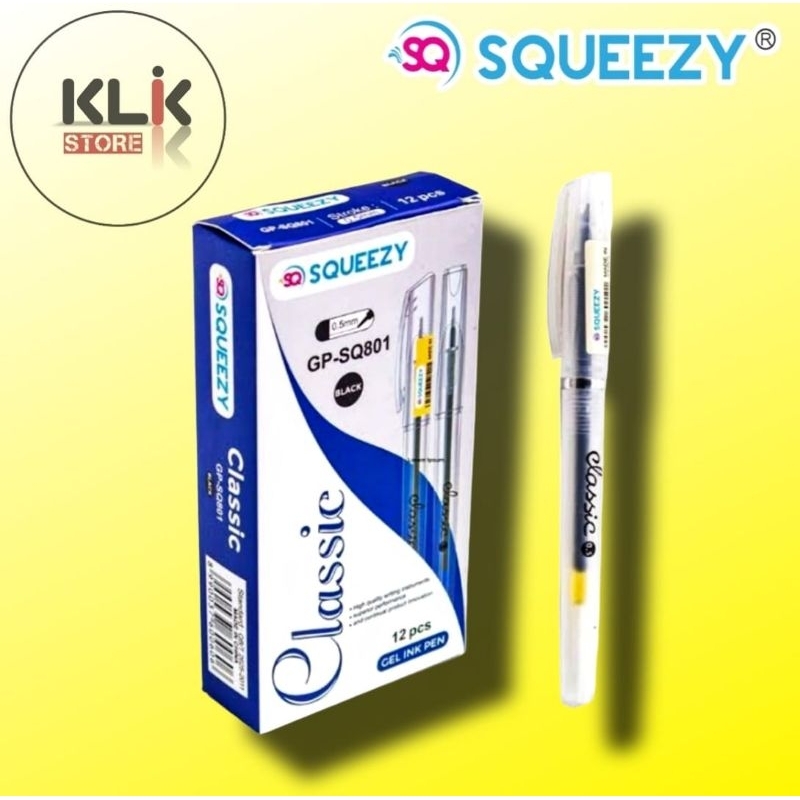 (Pack / 12pcs) Ballpoint Squeezy Gel Pen SQ801 Classic / Bolpen Pulpen Pena Tinta Hitam