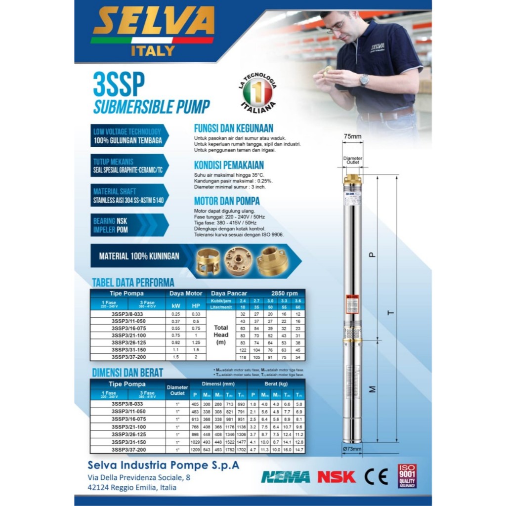 SELVA Pompa Air Celub Satelit 3 Inch 0.25Hp 220V 3SSP2/8-025 SELVA / Submersible Pump Celup 3" 0.25 
