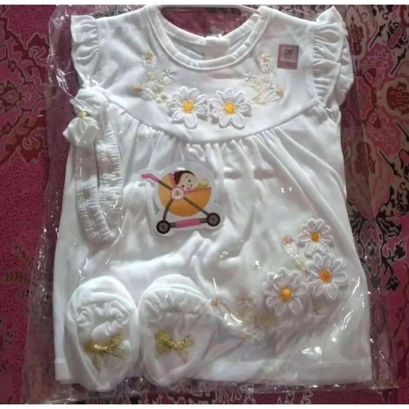 Dress bayi putih set bando dan sepatu 0-4bln