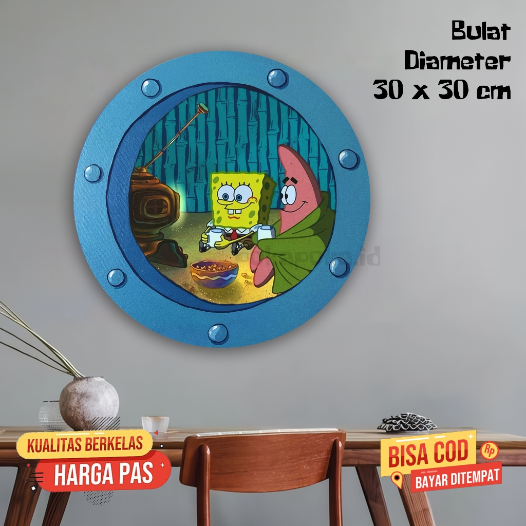 Dekorasi Dinding Spongebob Jendela Bulat 3D Hiasan Dinding Kayu