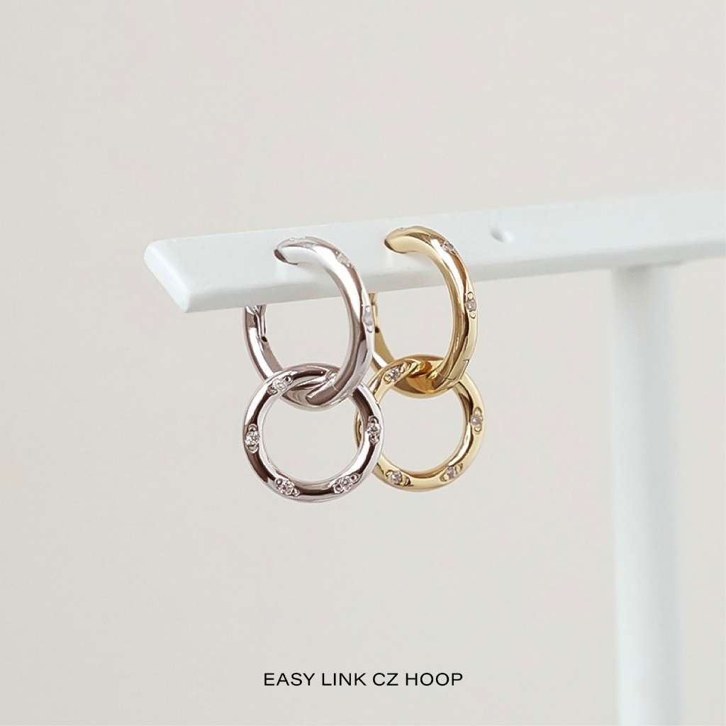 Anting Hoop Silver 925 - 18K Emas Lapis Easy Link CZ Hoop 8.5mm [Tindik ID]