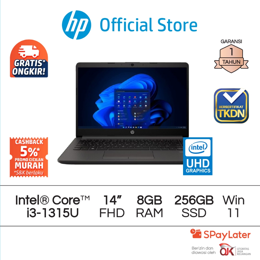 SERTIFIKASI TKDN - Laptop HP 240R G9 Intel Core i3-1315U UHD 8GB RAM 256GB SSD Dark Ash Silver Windo