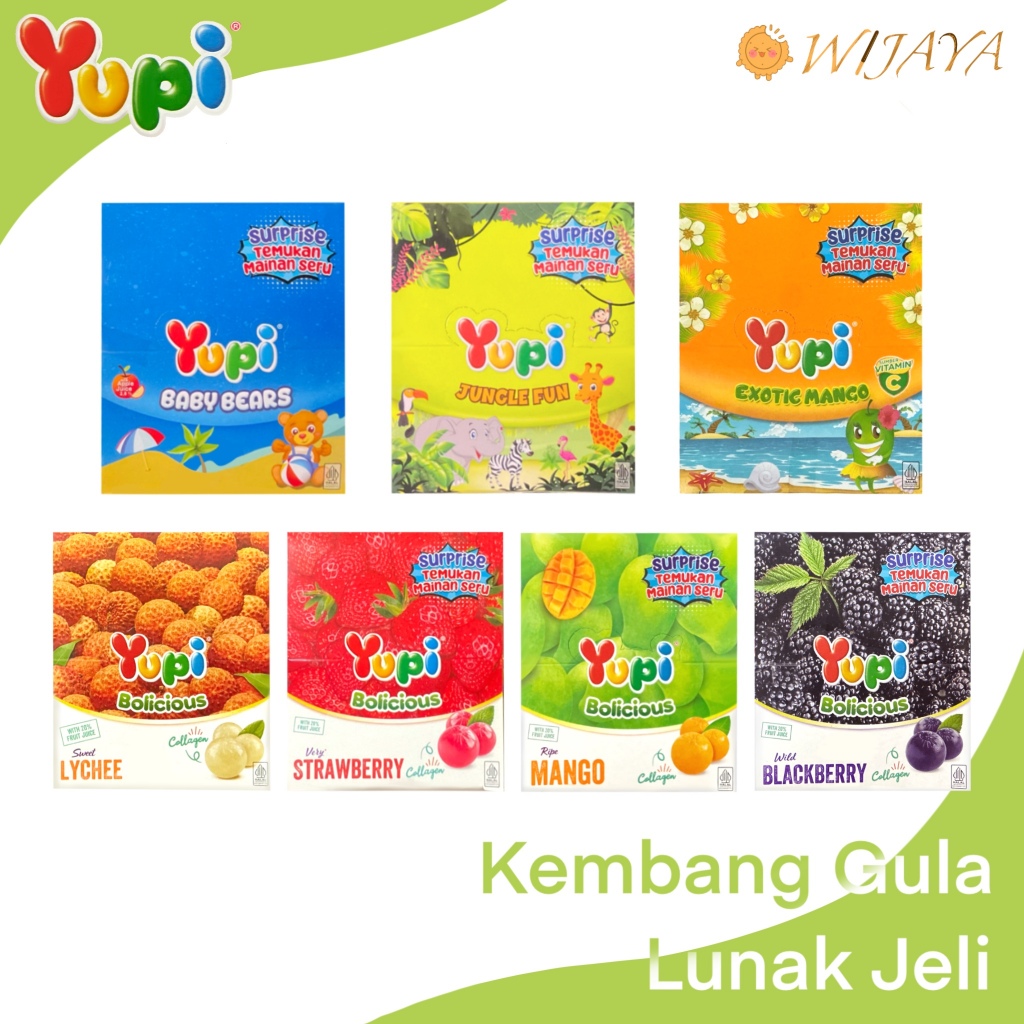 

YUPI kembang Gula Lunak Jeli Aneka : Bolicious、Jungle Fun、Baby Bears .Exotic mango .Lychee .Mango .Blackberry.