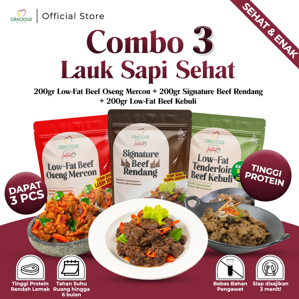 

Gracious Combo 3 Lauk Sapi Sehat | Beef Oseng Mercon + Beef Rendang + Low-Fat Beef Kebuli || 200gr