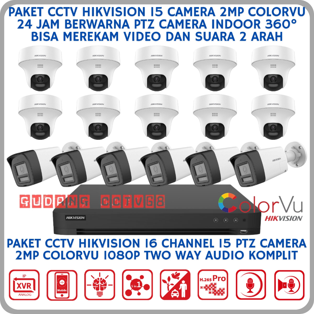 Paket CCTV Hikvision 16 Channel 16 Camera 2mp Colorvu 1080p Two Way Audio Series CCTV Suara 2 Arah