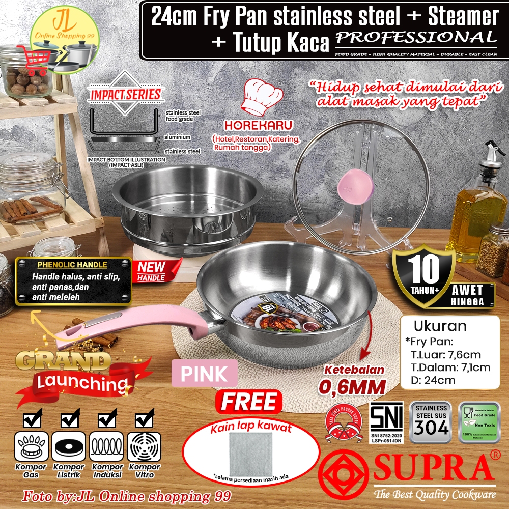 SUPRA Panci fry pan set 24cm + steamer + tutup kaca Pink stainless steel SUS 304 professional chef s