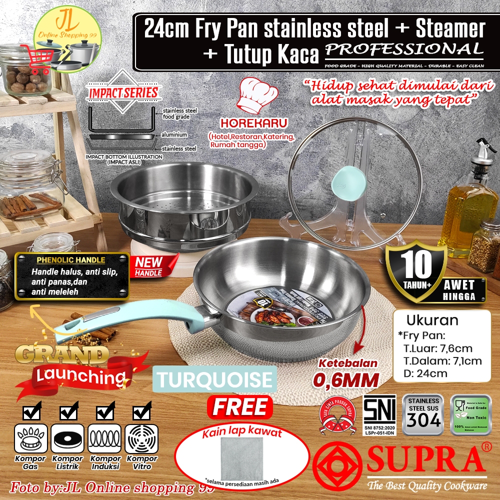 SUPRA Panci fry pan set 24cm + steamer + tutup kaca Turquoise stainless steel SUS 304 professional c