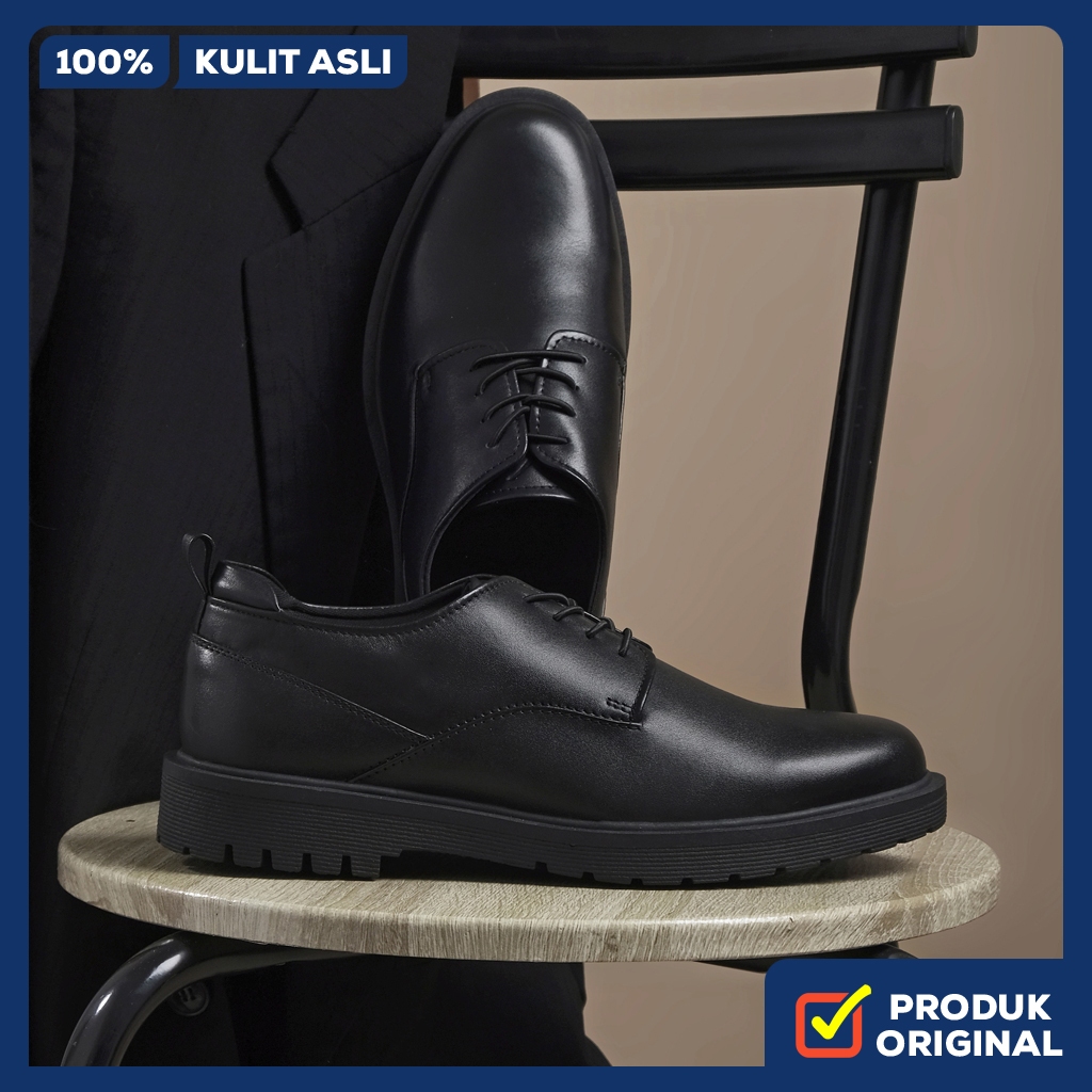 THOM BLACK ORIGINAL x KENZIOS Sepatu Formal Kulit Sapi Asli Pantofel Tali Full Hitam Pria Kerja Kant