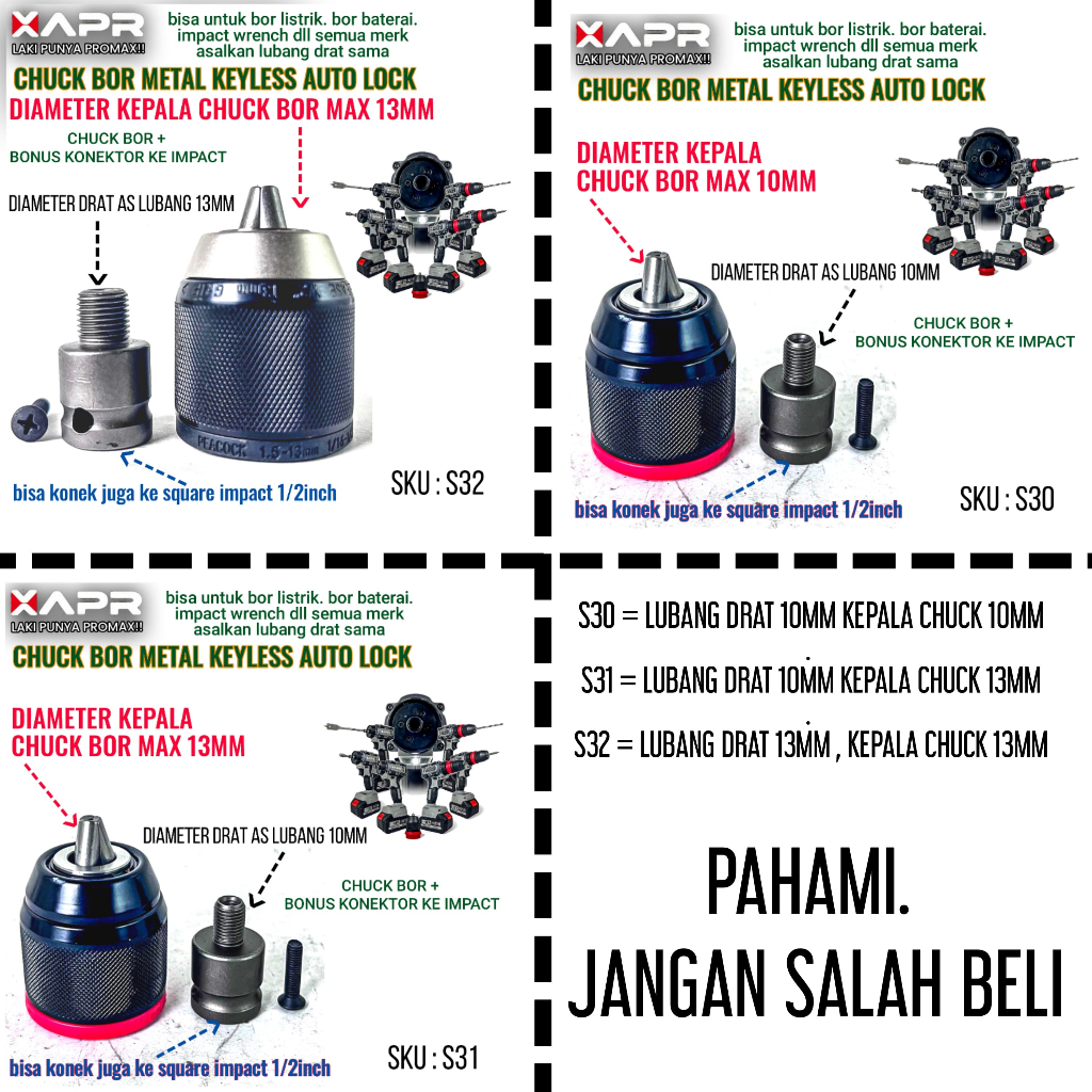 APR Kepala Bor Keyless Metal Auto Lock Single 10mm & 13mm Untuk Bor Listrik Bor Baterai Atau Impact 