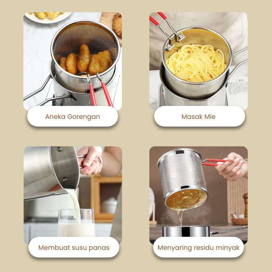 Panci Deep Fryer Mini Stainless 2 in 1 / Penggorengan / Panci Mie + Serok Saringan Dalam Kecil Serba