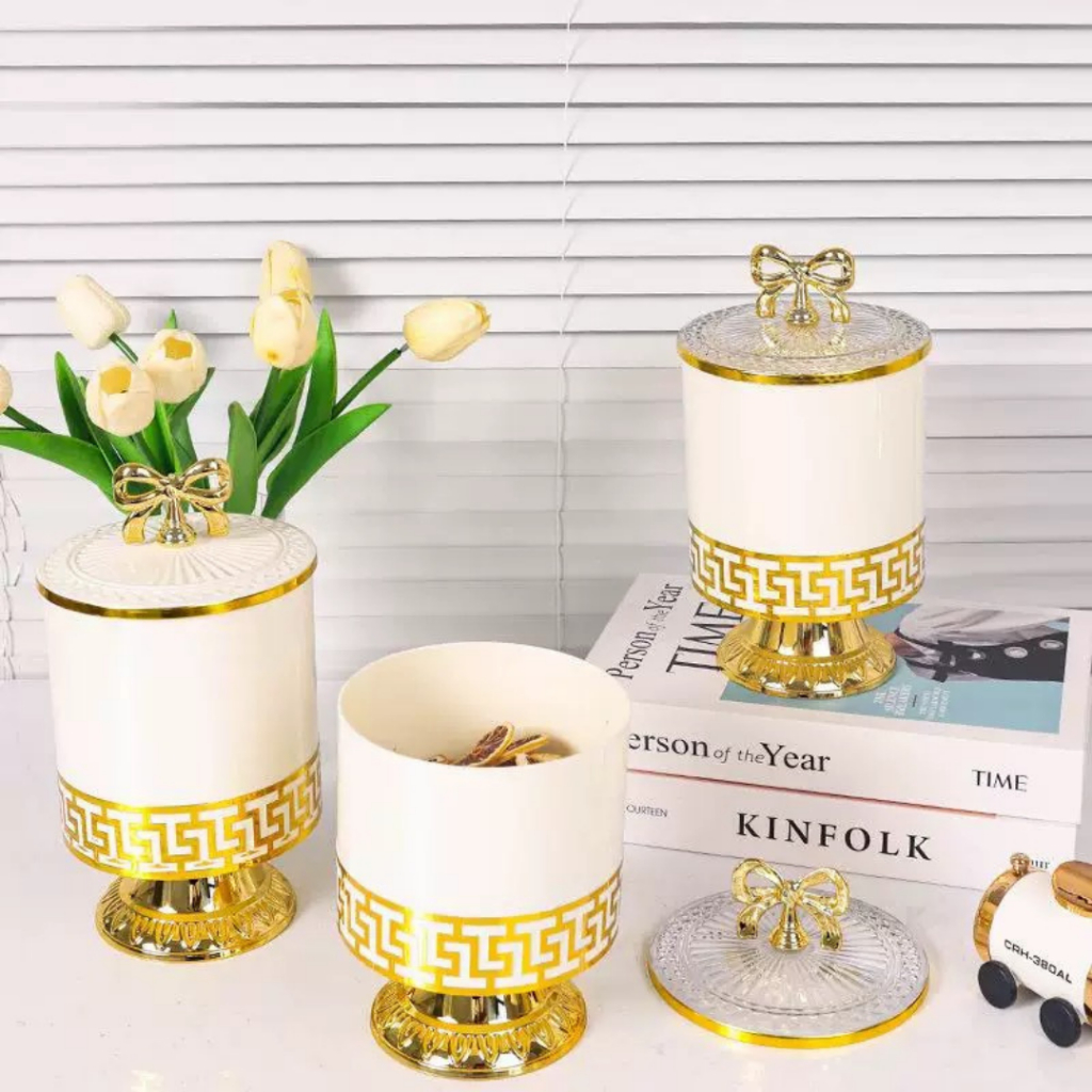 RUMAH HADIAH Toples Pita Set 3 Pcs Putih Transparan Kue Kering Basah Permen Snack Biskuit Estetik Ae