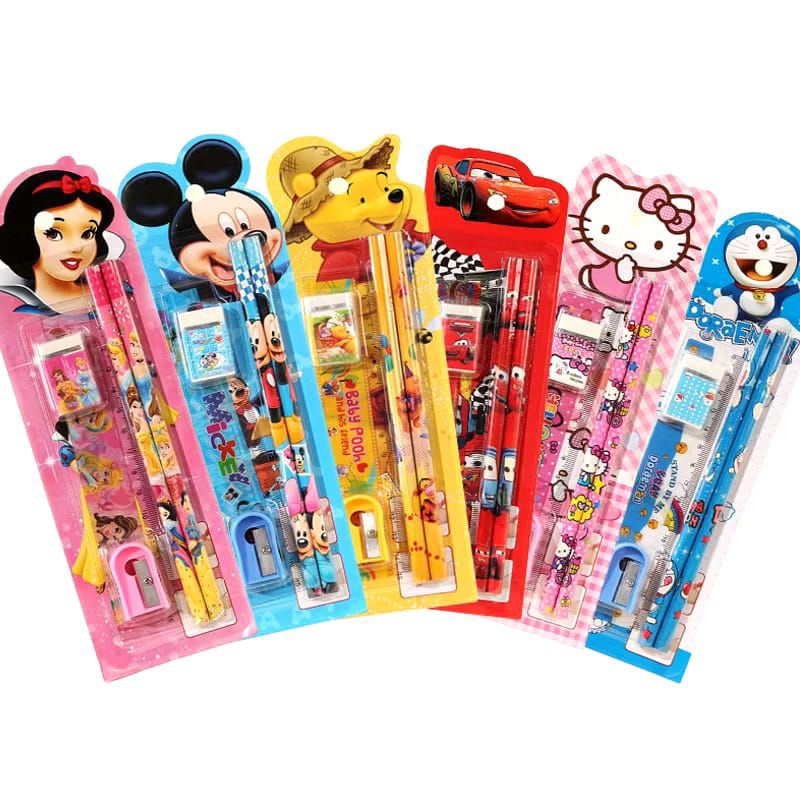 

Arumaisa.shop /Set 5 in 1 Alat tulis paket anak sekolah penghapus penggaris pensil serutan karakter lucu