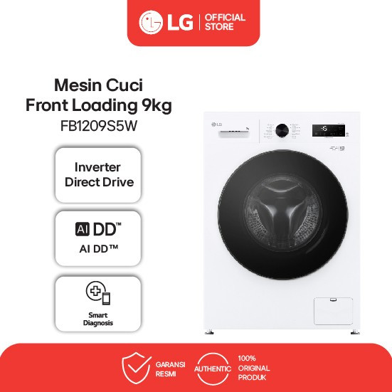 Mesin Cuci LG FB1209S5W Front Loading 9 Kg AI DD™ With Steam™ Inverter Direct Drive