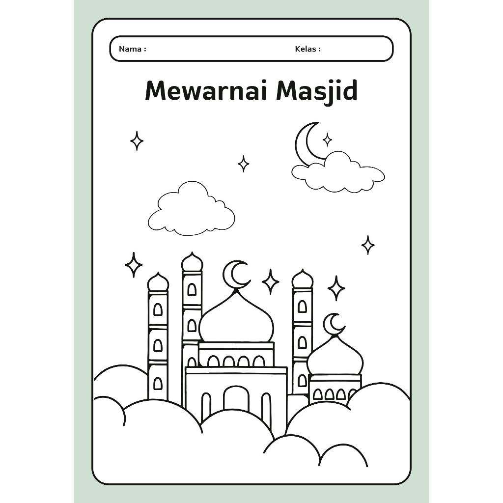 20 lembar kertass mewarnai anak tema masjid