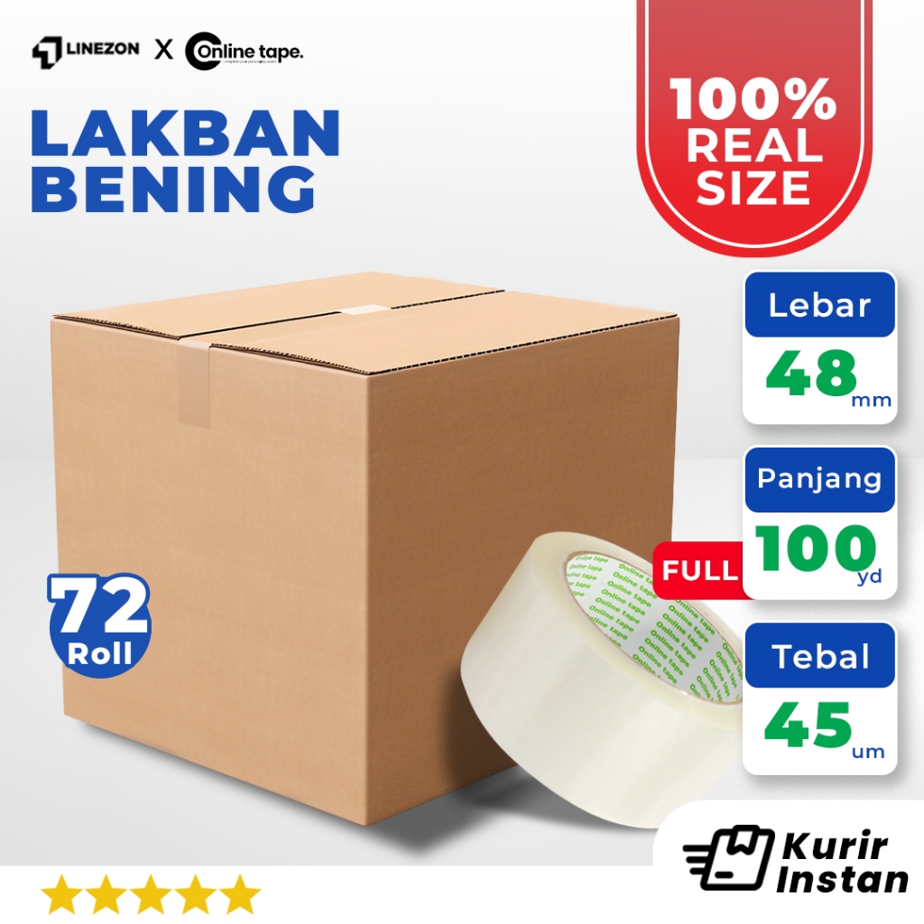 

1 DUS Lakban Bening 48 MM X 100 Yard PURE Ukuran Asli REAL ONLINE TAPE OPP 72 Roll Kuat tebal / Lakban clear
