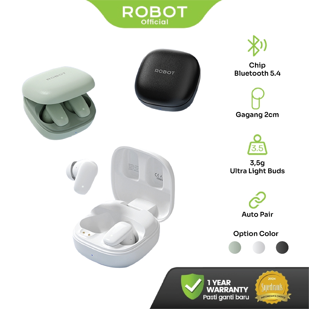 ROBOT TWS Earphone Wireless Bluetooth 5.4 Ultra Light Buds with Gagang Mini 2 cm Headset Bluetooth 3