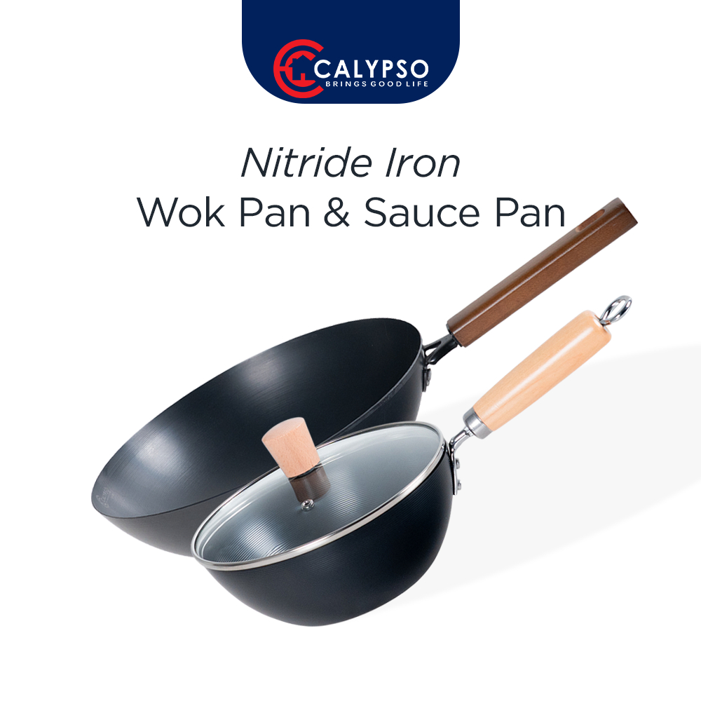 Calypso Sauce Pan Wok Pan Wajan Penggorengan Nitride Iron 20cm-32cm Gagang Kayu Anti Lengket