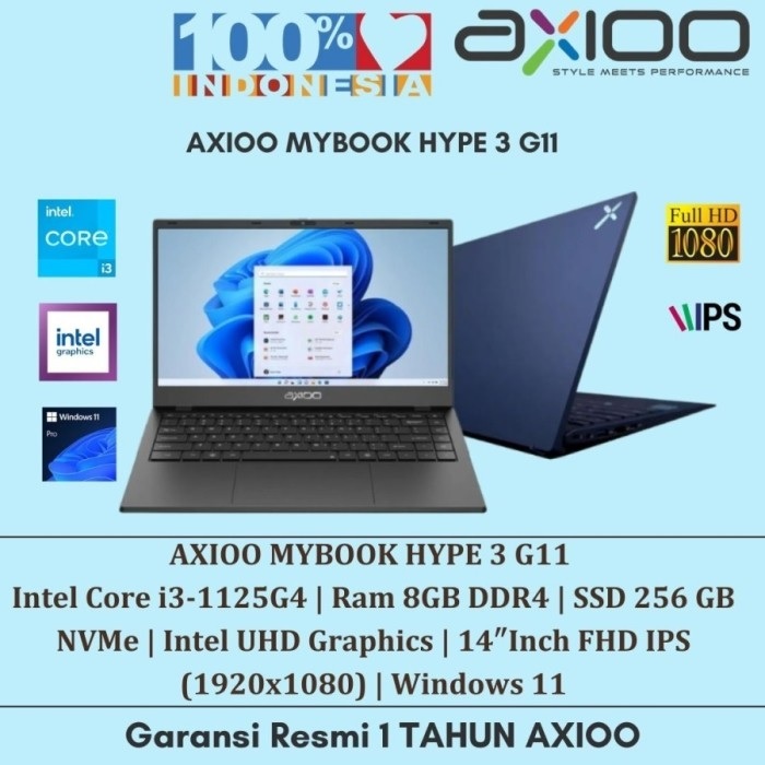 Laptop Axioo Hype 3 G11 Core i3 1125G4 8GB SSD 256GB Win11 FHD IPS