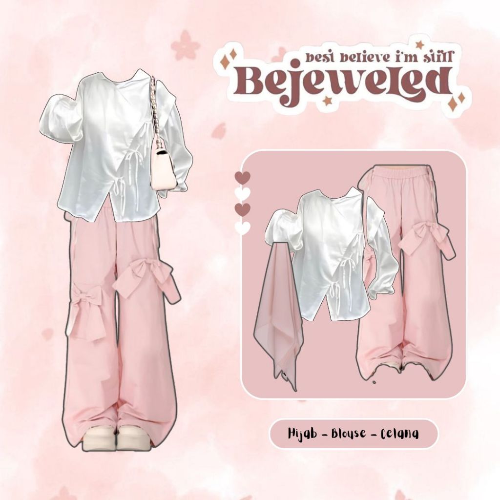 One Set Wanita ( Blouse Pita + Hijab + Celana Cargo ) Style Outfit Kekinian Hijab - KB45