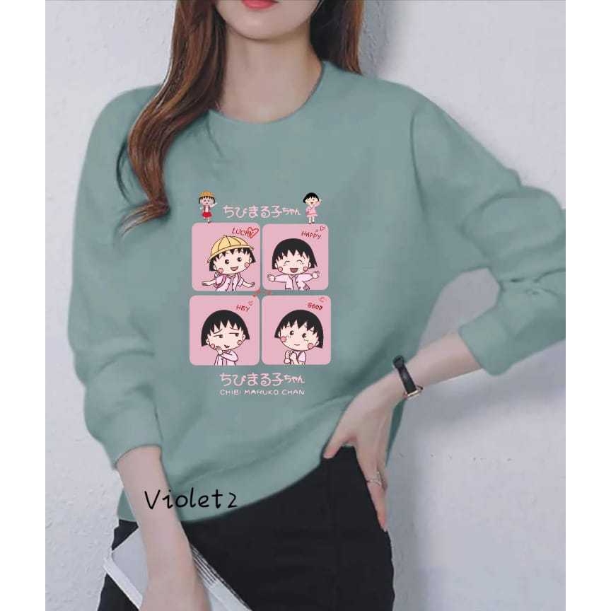KAOS ATASAN WANITA LENGAN PANJANG DEWASA TRENDY MOTIF CHIBI MARUKO KOTAK